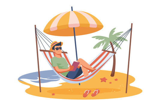 A man in sunglasses enjoys reading a book while lounging in a hammock under an umbrella near the beach. Vector illustration