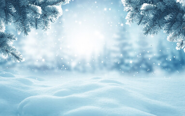 Winter  background .Merry Christmas and happy New Year greeting card with copy-space. Christmas landscape with snow and fir tree