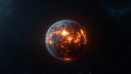 A fiery planet in space, showcasing a dramatic, volcanic landscape.