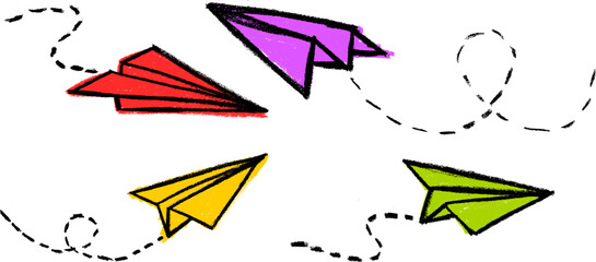 Flying Paper Plane Crayon Chalk Drawing Vector Set
