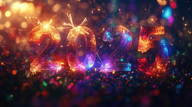 Celebrate arrival of 2025 with vibrant, sparkling numbers surrounded by colorful particles and festive lights, creating joyful atmosphere