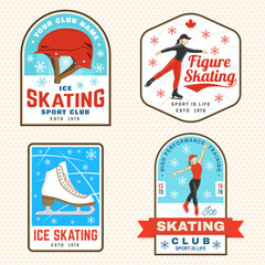 Set of Ice Skate club logo, badge, patch design. Concept for shirt or logo, print, stamp or tee with skate, helmet, ice skater girl. Winter sport. Vector illustration.