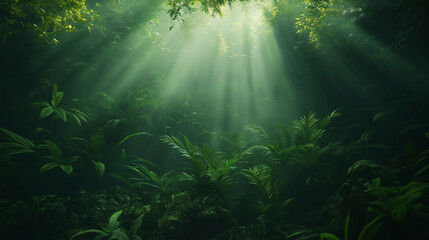 Obraz premium Tropical Forest Scene Featuring Vibrant Plants and Natural Light Beams