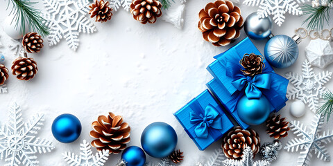 Christmas background with ornaments, pine cones, presents. Christmas background
