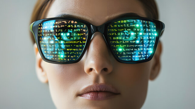 close-up of a person wearing glasses with computer code reflected on the lenses, showcasing tech and programming with a white accent, png