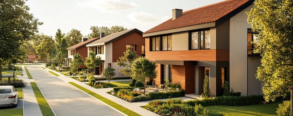 Obraz premium Innovative net zero energy housing suburban neighborhood sustainable construction eco-friendly environment community perspective smart resources