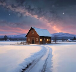 Illustration of barn with winter landscape and mountain behind.