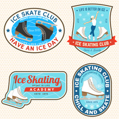 Set of Ice Skate club logo, badge, patch design. Concept for shirt or logo, print, stamp or tee with skate, helmet, ice skater girl. Winter sport. Vector illustration.