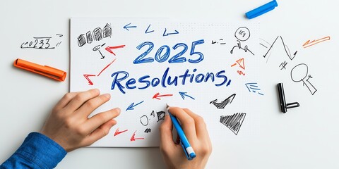 New year plan 2025 and resolutions concept. A hand writes "2025 Resolutions" on paper, surrounded by colorful doodles and arrows, symbolizing goal-setting and planning for the upcoming year.