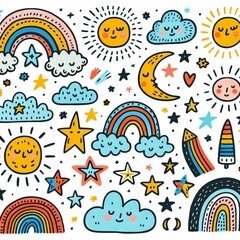 Hand-drawn rainbows, suns, and stars A cheerful, childlike illustration.