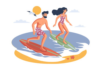 A man and a woman are surfing together on colorful boards near the beach. The sun shines brightly, creating a lively beach atmosphere.