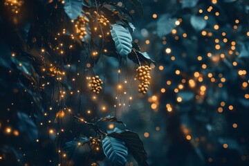 Enchanted forest with glowing lights. A magical atmosphere is created by twinkling lights among dark leaves. Perfect for fantasy and nature themes. Generative AI