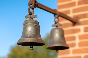 Obraz premium Church Bells with Blue Sky in the Background – A Serene and Peaceful Scene Symbolising Faith, Tradition, and Tranquility