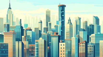 Fototapeta premium A cartoon illustration of a city skyline with tall buildings.
