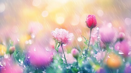 Obraz premium A vibrant garden scene with blooming flower and raindrops, creating a serene atmosphere.