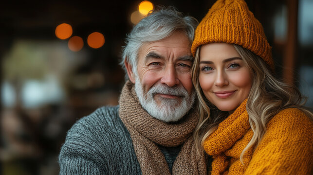 Smiling couple enjoys cozy moment together in warm winter attire at a rustic cafe during autumn. Generative AI