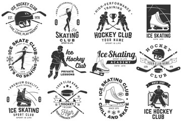 Set of Ice Skate club and Ice Hockey logo, badge design. Concept for shirt or logo, print, stamp or tee with skate, skates blades, ice hockey player, sticker, puck and helmet . Winter sport. Vector