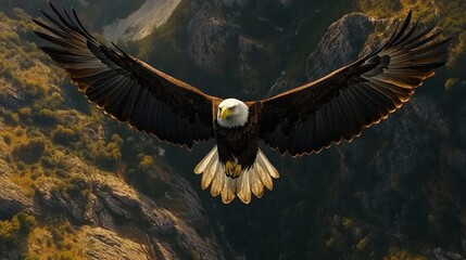 Obraz premium Majestic Eagle Soaring Over Sunlit Forested Valley