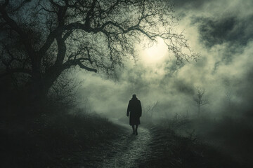 Fototapeta premium Silhouette of a person walking along a foggy path under eerie tree branches, creating a mysterious and atmospheric scene in muted tones.