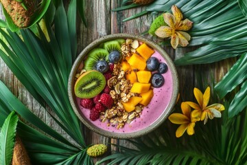 Fototapeta premium A vibrant smoothie bowl filled with fresh fruits, granola, and tropical flowers. Perfect for a healthy breakfast or snack. Colorful and inviting. Generative AI