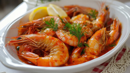 Delicious prawns cooked in hot sauce, garnished with fresh herbs and lemon slices, perfect for seafood lovers