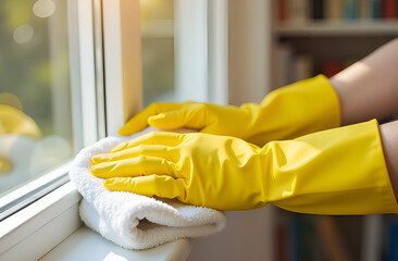 Close up, hands in yellow gloves with white cleaning cloth washing window. Blurred background, selective focus