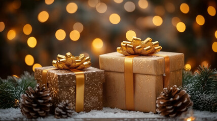 Golden Christmas gifts with ribbons and pine cones on blurred background with lights