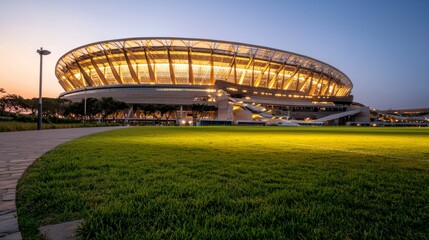 Obraz premium Stunning View of a Modern Stadium Illuminated at Dusk Surrounded by Lush Green Grass and a Pathway, Capturing Architectural Beauty in Sports Venue Design