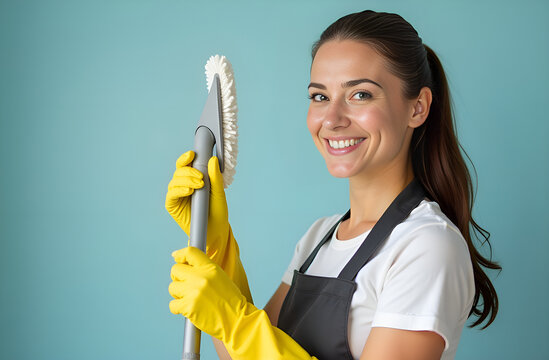 Right side of image portrait smiling woman looking at camera, woman cleaning service worker in yellow gloves, holds mop in hands. Blurred background, selective focus