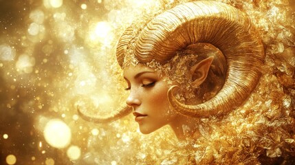 Golden fantasy art featuring a woman adorned with ram horns, symbolizing the aries zodiac sign, surrounded by a luminous, ethereal glow