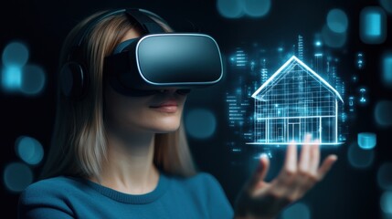 Woman using virtual reality headset to interact with holographic house model