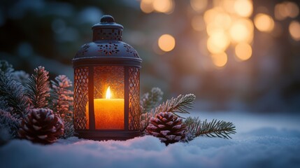 Winter lantern in snowy forest setting with pine cones and soft evening glow