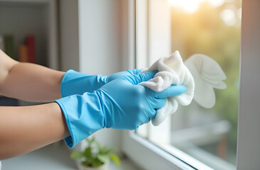 Close up woman hands in blue gloves with white cleaning cloth, washing window. Selective focus, blurred background.