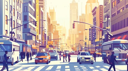 Obraz premium A cartoon style cityscape showing a busy city street with cars and people walking.