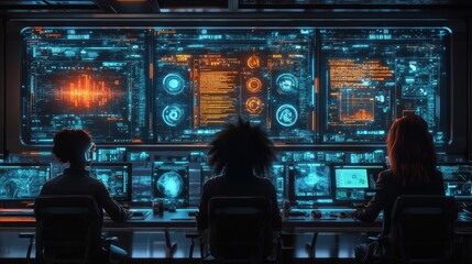 Futuristic cybersecurity command center with diverse team analyzing data