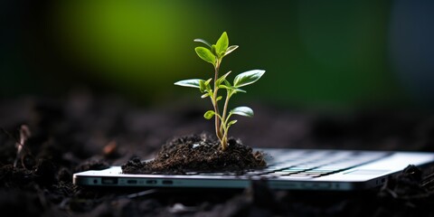 A green plant sprouts from a laptop keyboard. Eco system concept, sustainability. Generative AI.