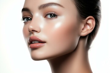 Fototapeta premium Close-up portrait of a beautiful woman showcasing healthy skin and natural beauty, ideal for wellness and beauty themes.