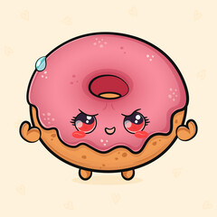 Obraz premium Cute funny pink Donut strong. Vector hand drawn cartoon kawaii character illustration icon. Isolated on light background. Pink Donut shows muscles character concept