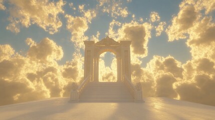 Fototapeta premium Golden gate at the summit of a pristine white staircase, surrounded by glowing clouds and divine light.