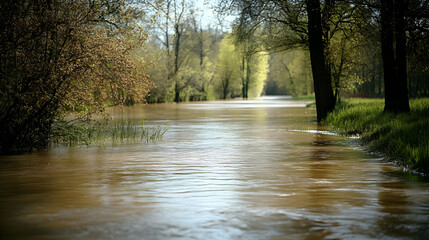 A Calm River Flowing Through Lush Green Foliage, Tranquil Water Reflecting the Sky in a Peaceful Nature Scene