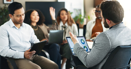 Business people, laptop and meeting for workshop, question and review performance with kpi information. Manager, tech and screen for project collaboration, planning and financial update with graph