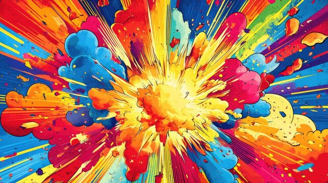 Comic book style speech bubble with vibrant colors and an explosive background, evoking action and excitement in classic cartoon style.