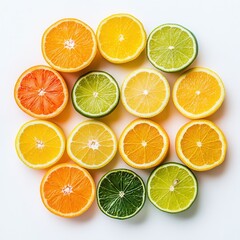 Obraz premium Vibrant Citrus Fruit Slices Arranged in a Circular Pattern on White Background Oranges, Lemons, Limes, and Grapefruit