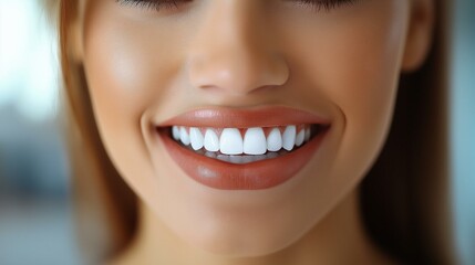 Fototapeta premium A close-up of a smiling woman showcasing her bright, white teeth with a warm, inviting expression.