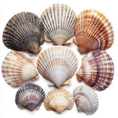 Obraz premium Collection of Nine Assorted Scallop Shells, Detailed Close-up, Isolated on White Background - Perfect for Summer, Beach, Ocean Themes