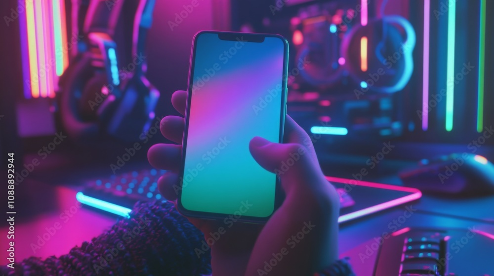 Poster A person holds a smartphone showcasing a colorful gradient display in a room illuminated by neon lights. Bright hues reflect off gaming equipment, enhancing the energetic atmosphere of the space.