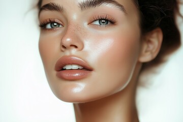 Naklejka premium A close-up portrait of a woman with glowing skin and captivating eyes, radiating beauty and confidence.