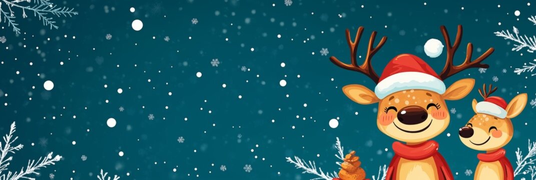 Cheerful cartoon reindeer wearing Santa hat against green background, copy space
