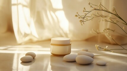 Cream jar on a spa-like setting with white stones and soft lighting, evoking a calm and relaxed feel