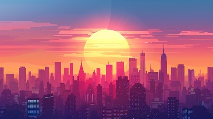 A stylized cityscape silhouette with a large sun and clouds in a pink and orange sky.